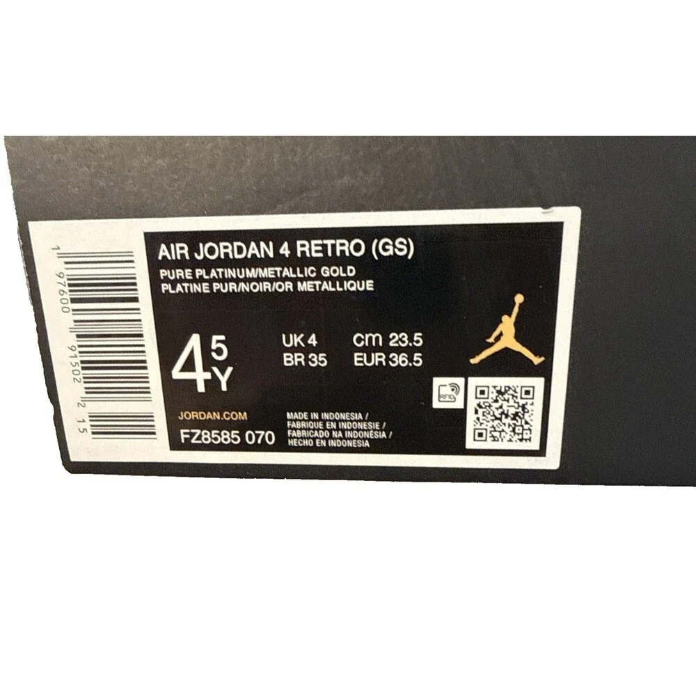 Nike Air Jordan 4 Retro GS Platinum Gold Unisex 4.5Y HighTop Sneakers FZ8585-070